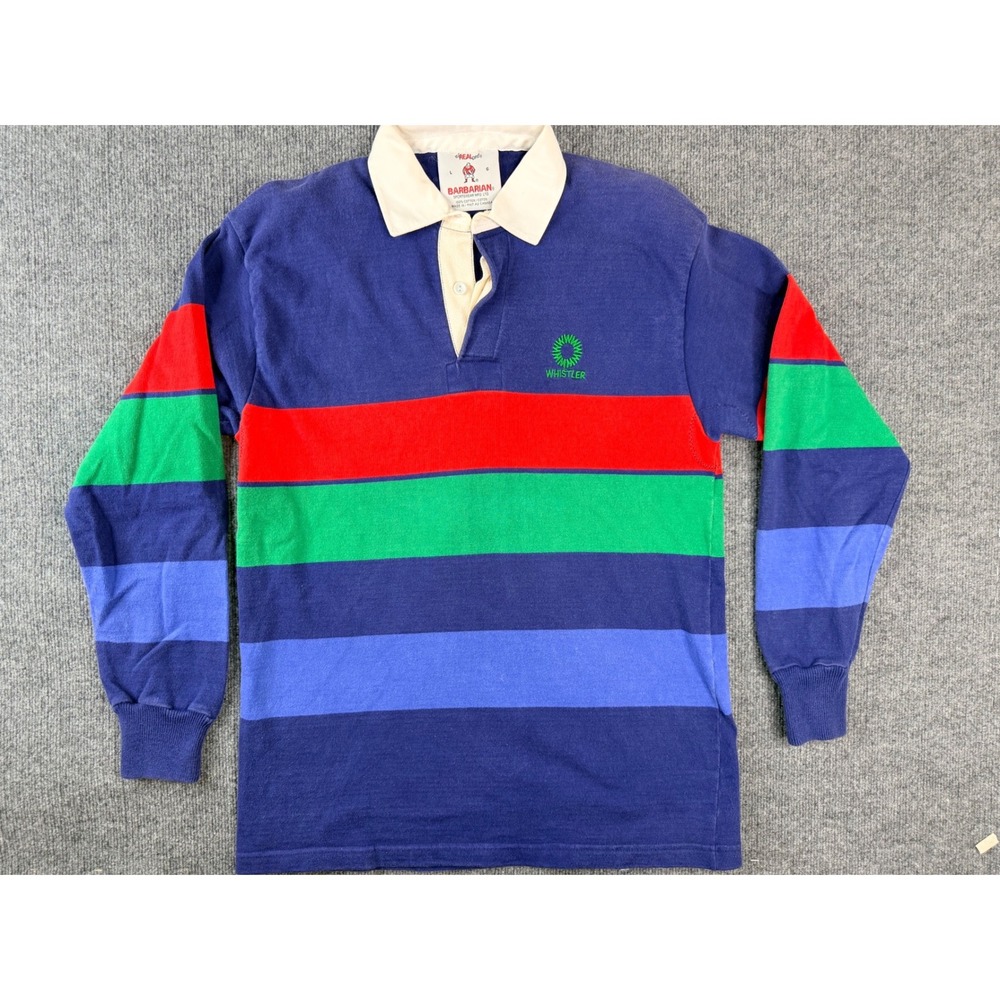 Vintage Barbarian Rugby Shirt Mens Large Blue Striped Whistler Graphic Canada L